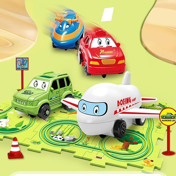 6-8 Year Old Boy Birthday Gift, Puzzle Racer Kids Car Track Set Puzzle Racer Car Track Set with Roadmap Puzzle Track Car Play Set Toys for 4 Year Old Boys (Jeep&Car&Airplane&Motorboat, Set4-1PCS)