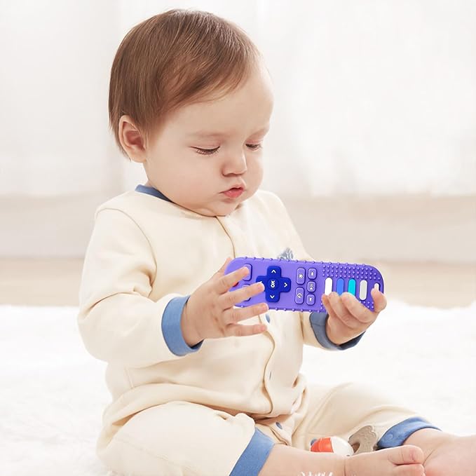 Silicone Teething Toys for Babies, Remote Control Shape Silicone Teethers, Cute Chew Toys for Boys and Girls,BPA Free Teether Early Educational Sensory Toy Purple