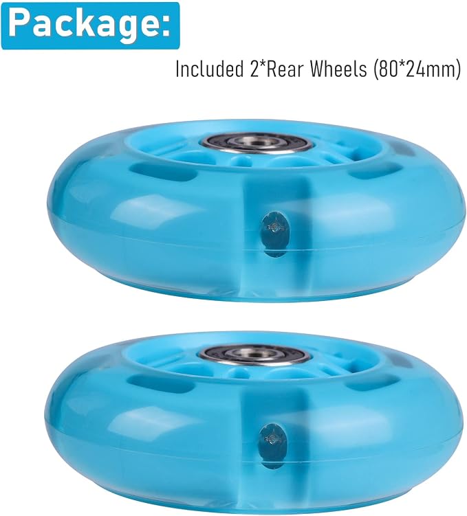 2-Pack Rear 80mm Colorful Flashing 3-Wheeled Kid Scooter Replacement Wheels for Kid Push Kick Scooter (Blue)