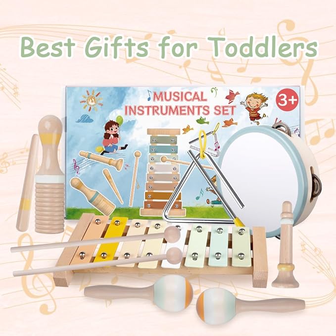 Baby Musical Instruments-Montessori Wooden Toys for Toddlers,Neutral Colors Percussion Instruments Set with Modern Boho Xylophone for Kids Preschool Educational (Neutral)