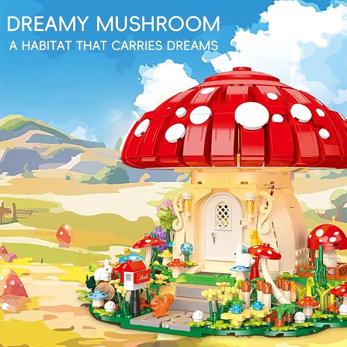 Dreamy Mushroom House Building Blocks Set with LED Light, Fairy Tale Forest House Building Kit with Cute Animals, Botanical Collection Display Model, Ideal Gift for Teens Adults(1296PCS)