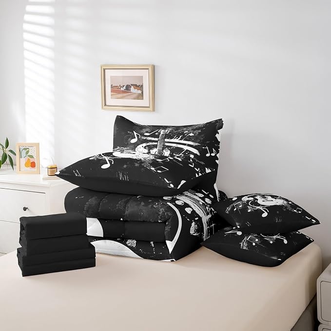 Feelyou Guitar Comforter Set with Sheets Twin Size Rock Music Bed in a Bag for Boys Girls Teens Black 7 Pieces Bedding Set Soft Lightweight Microfiber