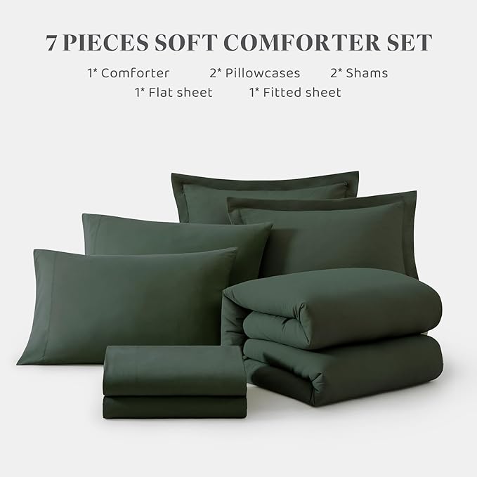 WRENSONGE California King Size Comforter Set- 7 Pieces Deep Green Bed in a Bag with Comforter, Fitted Sheet, Flat Sheet, 2 Pillow Shams, 2 Pillowcases, Warm Bedding Sets for All Season