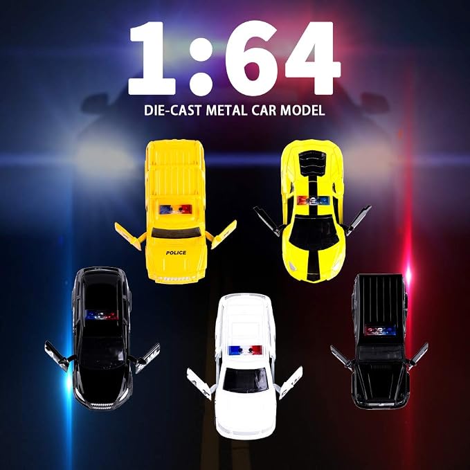KIDAMI Die Cast Metal Toy Cars Set of 5, Small Cop Openable Doors Pull Back Car Gift Pack for Kids (Police Car)