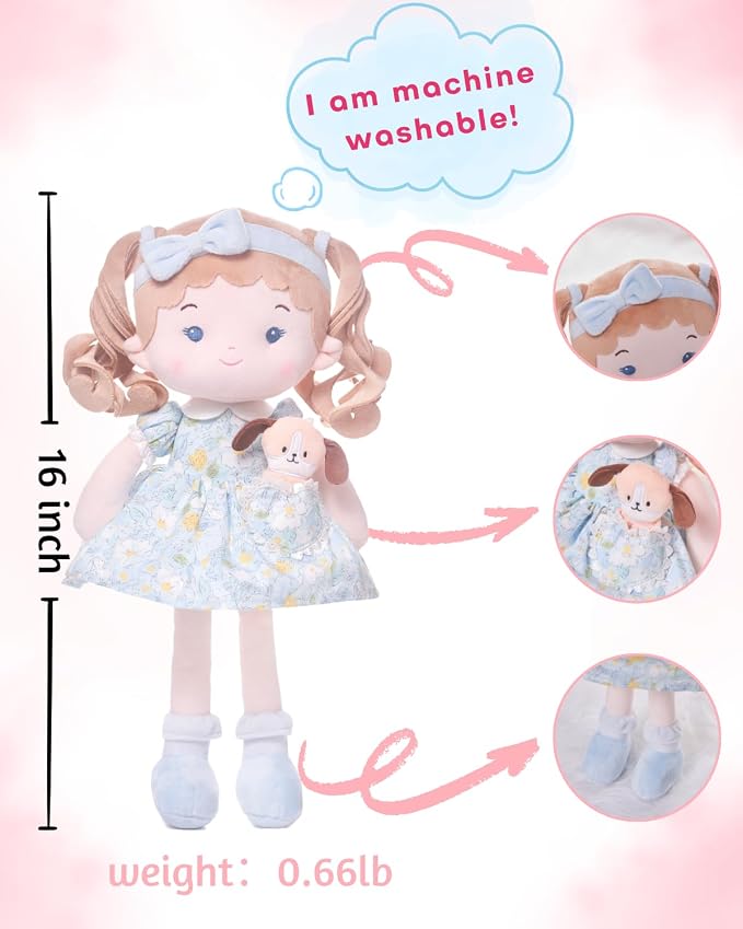 LeyaDoll Soft Baby Doll Toys (16''), My First Baby Rag Doll for 1 Year-Old Girl Birthday Gift, Christmas Plush Toys Gift for Toddler Kids Infants-Daydream Lily and Her Pet-Dog