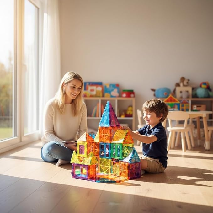 Anbalulu Magnetic Tiles, 63PCS Magnetic Blocks for Kids, Magnet Building Set, Construction Building Set,STEM Sensory Educational Toys Gift for Toddlers Kids 3-9 Year Old