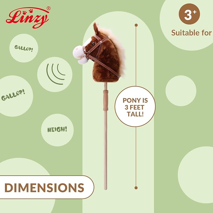 Linzy Toys 35.5" Plush Stick Horse - Funny Hobby Horse with Pony Sound, Soft Realistic Mane & Durable Leather Reins, Pretend Play Riding Toy for Boys & Girls Ages 3+ (Brown)