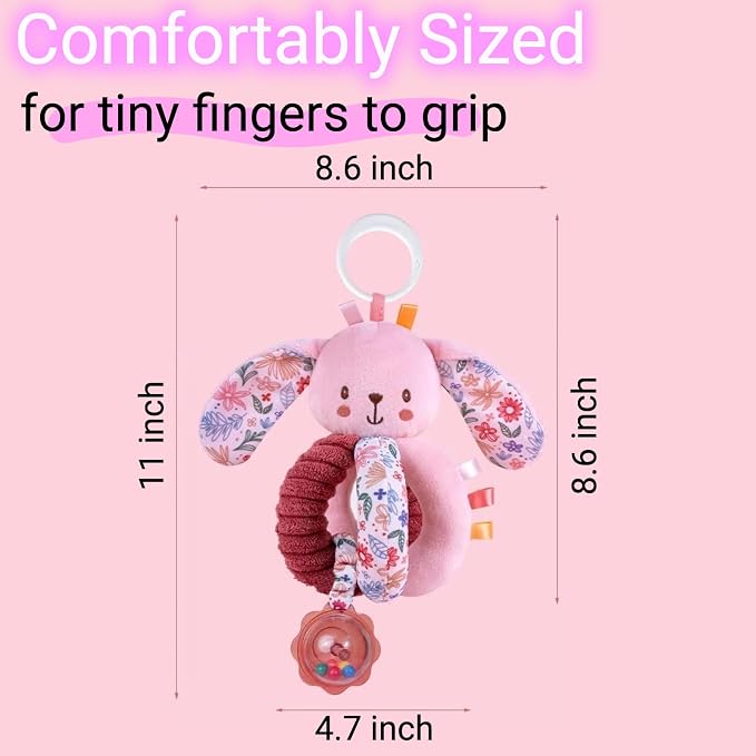 Baby Stroller Hanging Car Seat Toys for Infants 0-6 Months Girl 0-2-3-4-5-7-8-9-10 6-12-18 Month Old Newborn Gifts, Carseat Pink Plush Bunny Travel Toy for Babies Boy Play Gym Rattle Squeaky