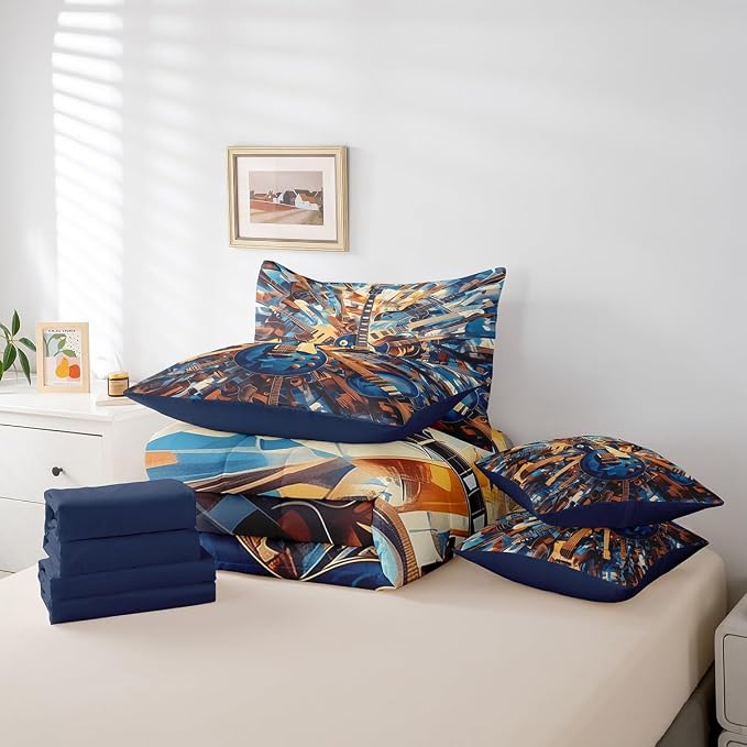 Feelyou Guitar Comforter Set with Sheets Queen Size Rock Music Bed in a Bag for Boys Girls Teens Navy Blue 7 Pieces Bedding Set Soft Lightweight Microfiber