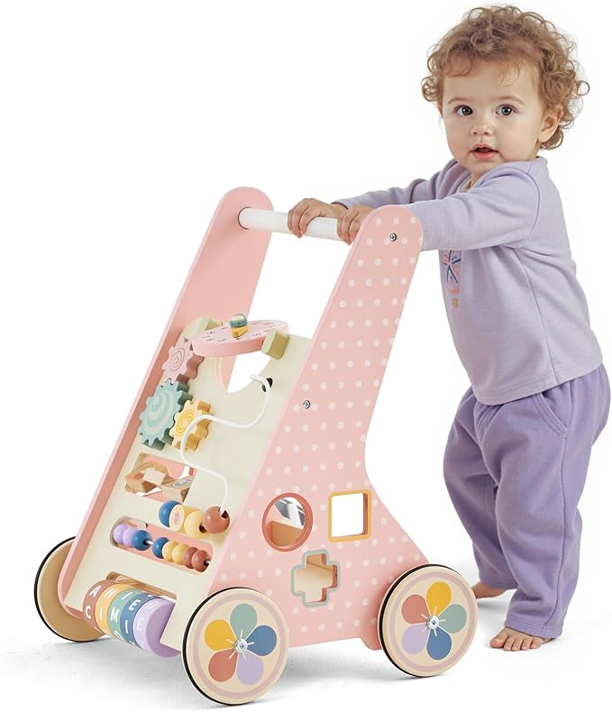 Wooden Baby Walker with Wheels, Montessori Push Walker | Adjustable-speed wooden baby walker with Montessori activities and rubber wheels for safe learning to walk.