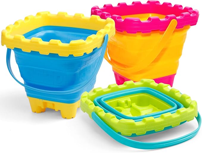 3L Jumbo Foldable Buckets, Castle Sand Beach Toy Silicon Pails For Kids Adults, Collasible Water Bucket Sandbox Kit Multi Use Summer Essential For Travel Cleaning, Camping, Picnic, Fishing 3 PCS