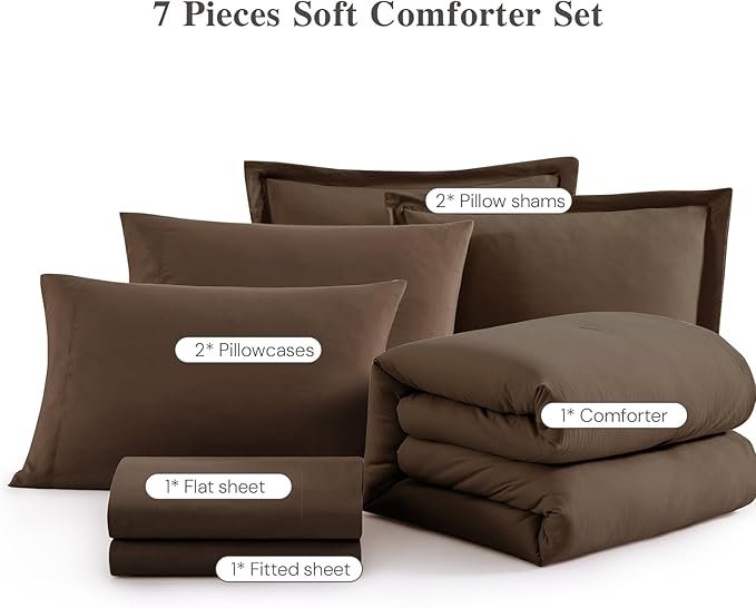 WRENSONGE King Size Comforter Set- 7 Pieces Soft Chocolate Brown Bed in a Bag King with Fitted Sheet, Flat Sheet, 2 Pillow Shams, and 2 Pillowcases-Warm King Bedding Set for All Season
