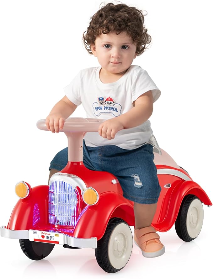 Costzon Toddler Ride On Toy, Classic Foot to Floor Sliding Car w/Steering Wheel, Horn, Headlights & Under Seat Storage, Kids Push Ride-Ons, Retro Baby Ride On Toys for Boys Girls 19-36 Months (Red)