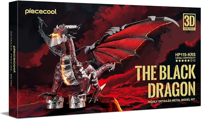 Piececool 3D Metal Model Kits-Black Dragon King, DIY 3D Puzzles for Adults Brain Teaser Puzzles for Teens, Great Birthday New Year Gifts, 107 Pcs