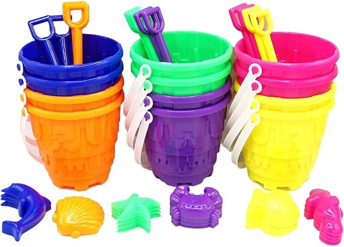 4E's Novelty 12 Sets Beach Toys - Includes 12 Sand Buckets, 12 Shovels, 24 Sand Molds for Kids - Small 5.75" Beach Buckets Bulk, Summer Party Favors, Easter Basket Stuffers, Student Gifts