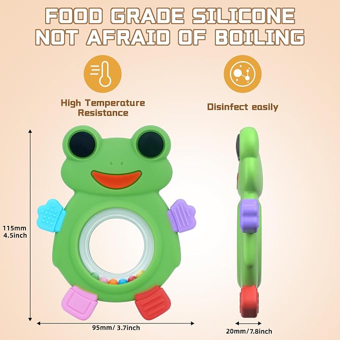 Baby Teething Rings Toys,Over Sized of A Frog Infant Toys Relief Teethers for Babies 3-6-12-18 Months,Sensory Toys Rattle Teether Silicone Teether Relief Chew Soothing,BPA Free