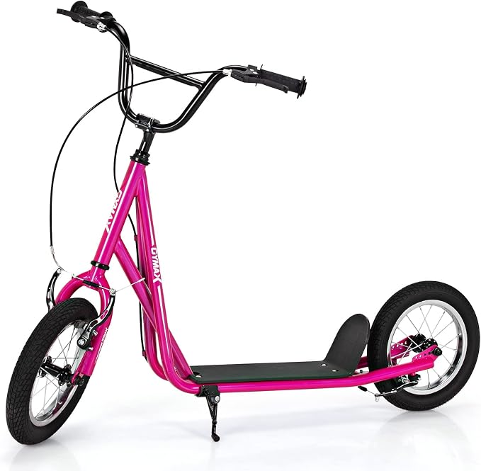 GYMAX Scooter, Kids & Adults Off-Road Scooter with 12" Inflatable Wheels, Adjustable Height Handlebar, V-Type Handbrakes & Axle Pegs for All Terrain, 8+