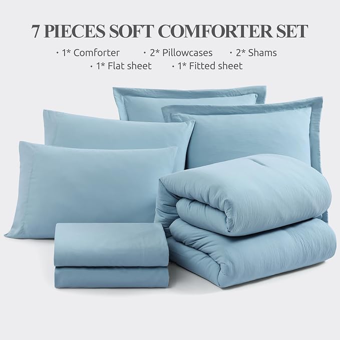 WRENSONGE Queen Comforter Set- 7 Pieces Soft Blue Bed in a Bag Queen with Fitted Sheet, Flat Sheet, 2 Pillow Shams, and 2 Pillowcases- Warm Bedding Sets for All Season