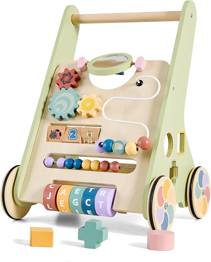 Wooden Baby Push Walker, Montessori Activity Walker for Babies 12-18 Months | Adjustable-speed wooden baby push walker with Montessori activities, storage box, and safe rubber wheels.