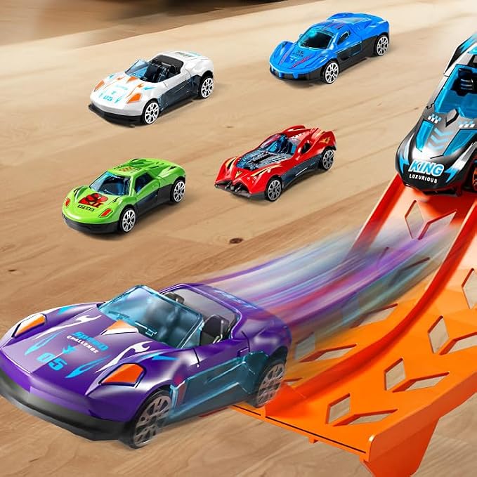 Race Track Truck Toys for 3 4 5 6 7 8 Years Old Boys, Carrier Vehicle Playset with 12 Die-Cast Racing Car Toys, 2-Tier Storage, Car Ramps, Birthday Gifts for Toddlers Kids Girls Age 3-5 4-8