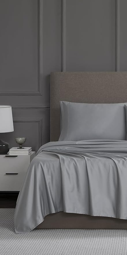 Linen Closet Luxury 1200 Thread Count Queen Sheet Set, 4 Pcs, Cotton Rich, Light Gray, Soft, Durable & Wrinkle Resistant Sateen Sheets, Includes 16" Deep Pocket Fitted Sheet, Home & Hotel Essentials