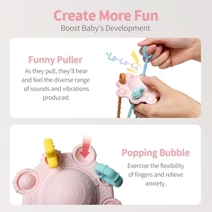 Montessori Pull String Toy Silicone Travel Toy | Food Grade Silicone Early Development Toy, Fine Motor Skills Sensory Toys, Montesorri Gifts (Pink)