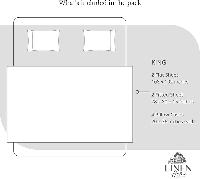 Linen Home 2-Pack King Sheet Set, 100% Cotton Percale Bedding, 8-Piece Value Bundle, Deep Pocket Cooling Bed Sheets for Hot Sleepers, Breathable & Crisp Hotel Quality, Long-Staple Cotton, White