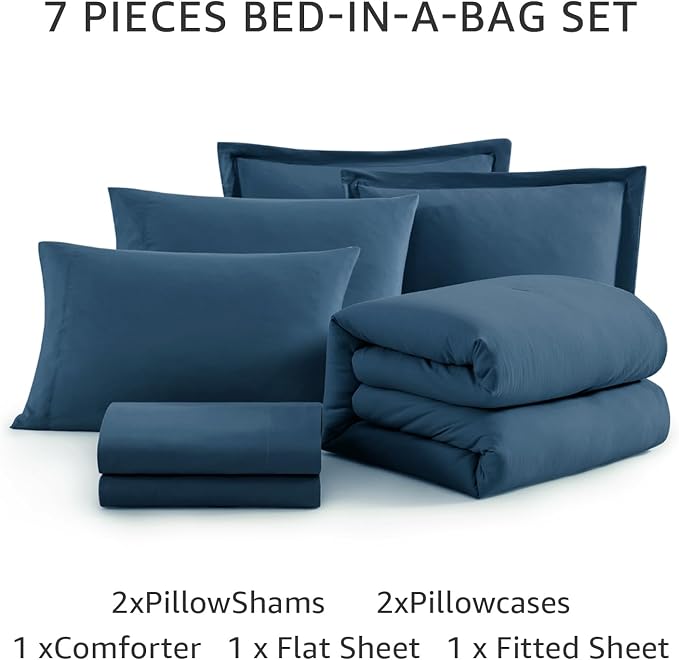 WRENSONGE King Size Comforter Set- 7 Pieces Soft Serenity Blue Bed in a Bag King with Fitted Sheet, Flat Sheet, 2 Pillow Shams, and 2 Pillowcases-Warm King Bedding Set for All Season