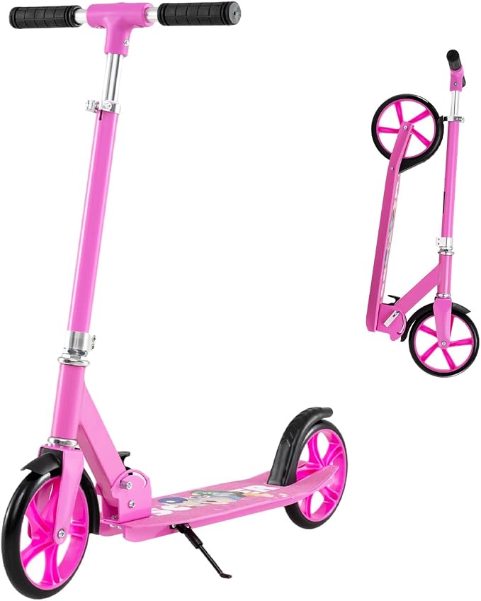 HONEY JOY Kick Scooter, 220 LBS Folding Lightweight Outdoor Scooter w/ 3 Adjustable Height, 7’’ Big Wheels, Aluminum Frame, Kickstand, 6’’ Anti-Slip Deck & Rear Brake, for Kids Teens Age 8+