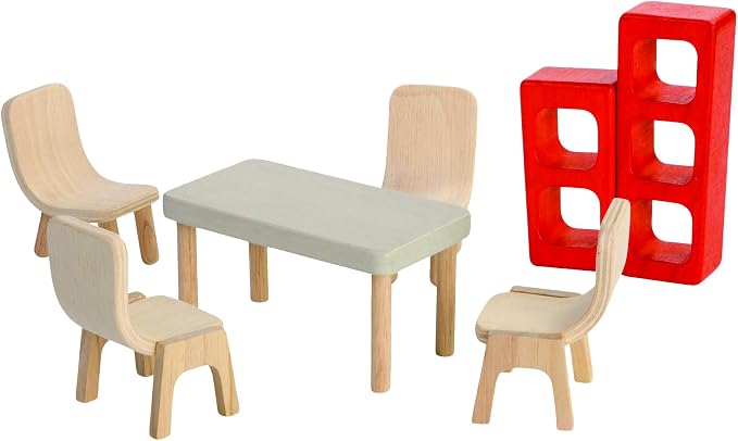 PlanToys® Wooden Dining Room Dollhouse Furniture Set for Kids | Montessori Small World and Family Role Play | Eco Friendly Wooden Dollhouse Dining Set for Imaginative Play