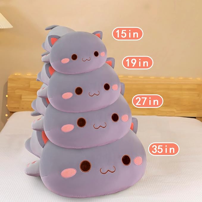 FUYU Cat Stuffed Animals, Soft Cat Plush Pillow Kawaii Kitten Stuffed Animal Toy Gifts for Kids Boys Girls Room Decor (Grey Round Eyes,35in/87)