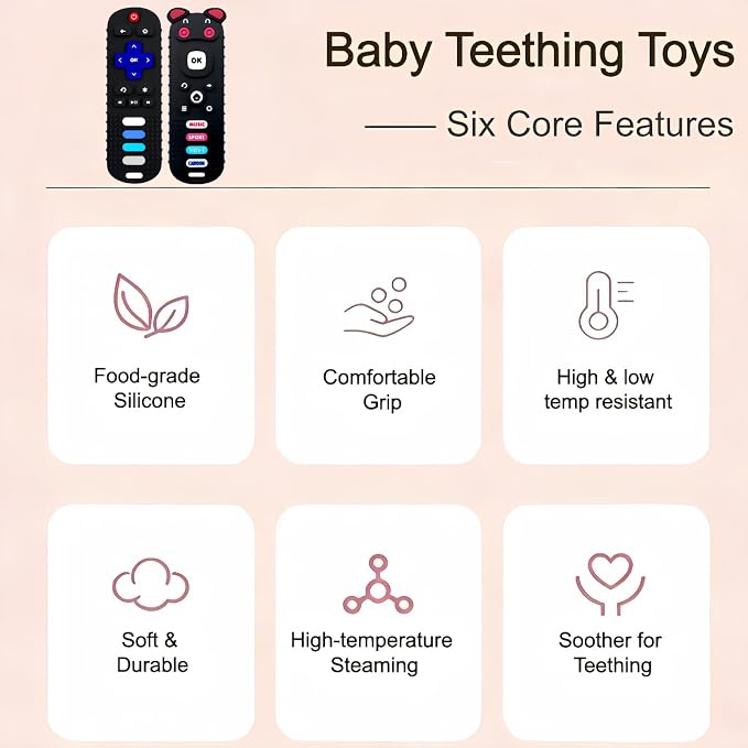 2Pcs Baby Teething Toys, BPA-Free Food Grade Silicone Baby Remote Control Teething Toy for 3-18 Months, Teething Relief Baby Toys, Teething Relief Newborn TV Remote Shaped Toy (Balck&Pig Black)