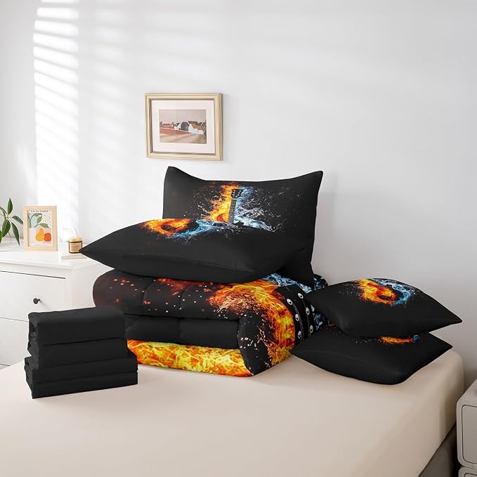 Feelyou Guitar Comforter Set with Sheets Full Size Rock Music Bed in a Bag for Boys Girls Teens Dull Black 7 Pieces Bedding Set Soft Lightweight Microfiber