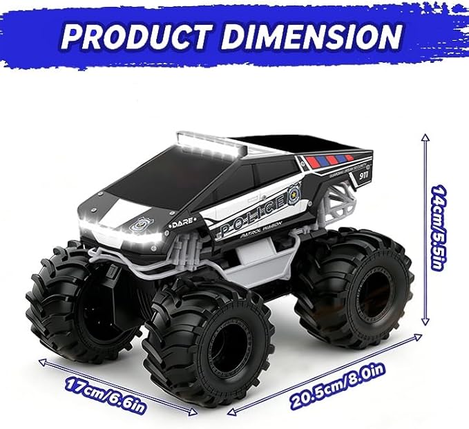 Qrytoi Police Cyber Remote Control Car, 1:18 Amphibious RC Car for Boys and Girls, 2.4GHz Waterproof Monster RC Car with 2 Rechargeable Batteries, Remote Control Truck Toys for Kids 6+