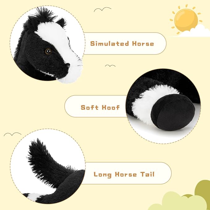 Tezituor 4Pcs Horse Stuffed Animal Set, 21inch Large Stuffed Mommy Horse with 3 Babies Pony Toys for Boys Girls, Black Stuffed Pony Plush Pillow Birthday Party Gift for Kids