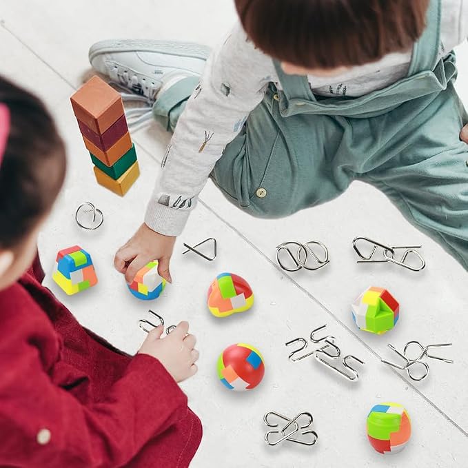 16 Pack Brain Teasers Puzzles for Kids & Adults, Brain Teasers Metal IQ Toys Puzzle Mind Game 3D Coil Cast Wire Unlock Interlock Magic Ball Puzzles for Teenagers