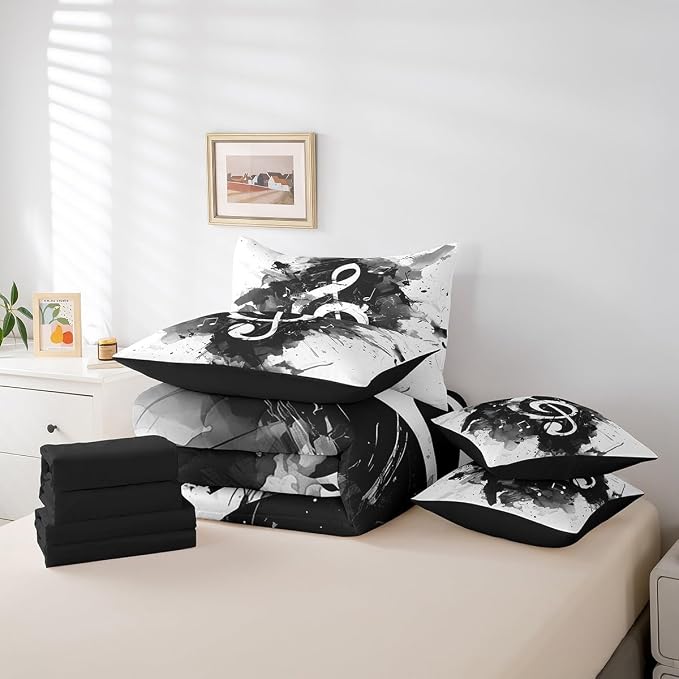 Feelyou Music Comforter Set with Sheets Twin Size Guitar Instruments Bed in a Bag for Boys Girls Teens Black White 7 Pieces Bedding Set Soft Lightweight Microfiber