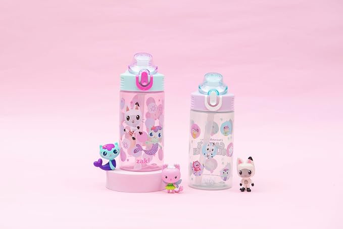 Zak Designs DreamWorks Gabby's Dollhouse Sage Kids Water Bottle For School or Travel, 16oz Durable Plastic Water Bottle With Straw and Leak-Proof, Pop-Up Spout Cover, 2-Pack Set (The Gabby Cats)