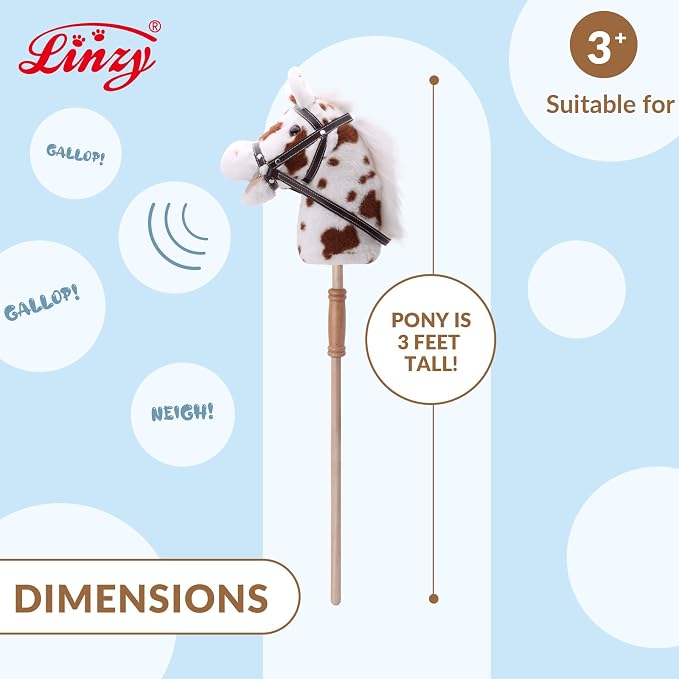 Linzy Toys 35.5" Plush Stick Horse - Funny Hobby Horse with Pony Sound, Soft Realistic Mane & Durable Leather Reins, Pretend Play Riding Toy for Boys & Girls Ages 3+ (Spotted)