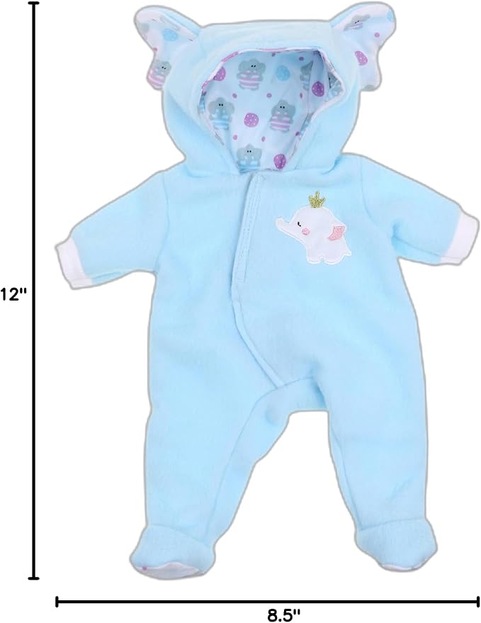 JC Toys | Berenguer Boutique | Baby Doll Outfit | Blue Elephant Themed Hooded Onesie | Ages 2+ | Fits Dolls 14"- 16"
