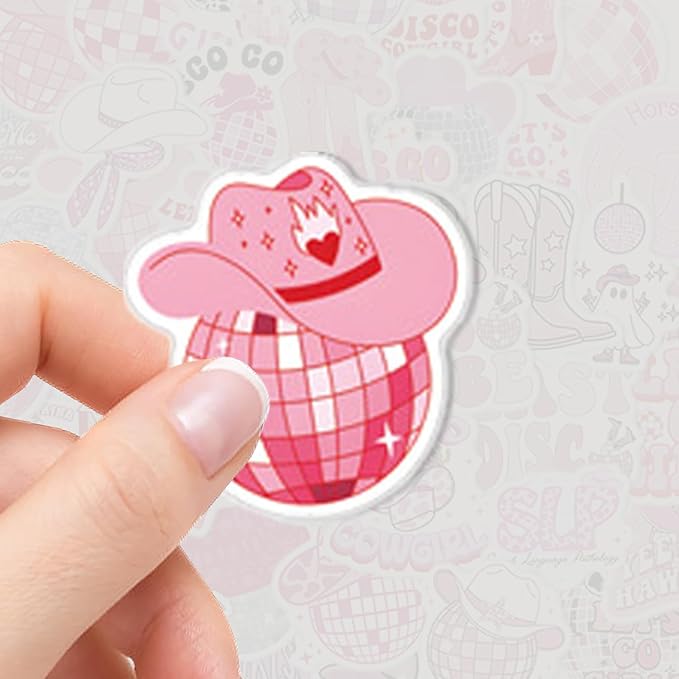 QTL Pink Disco Cowgirl Stickers for Girls Teens, Western Cowgirl Party Supplies, Waterproof Vinyl Stickers for Water Bottles and Laptop, 50PCS