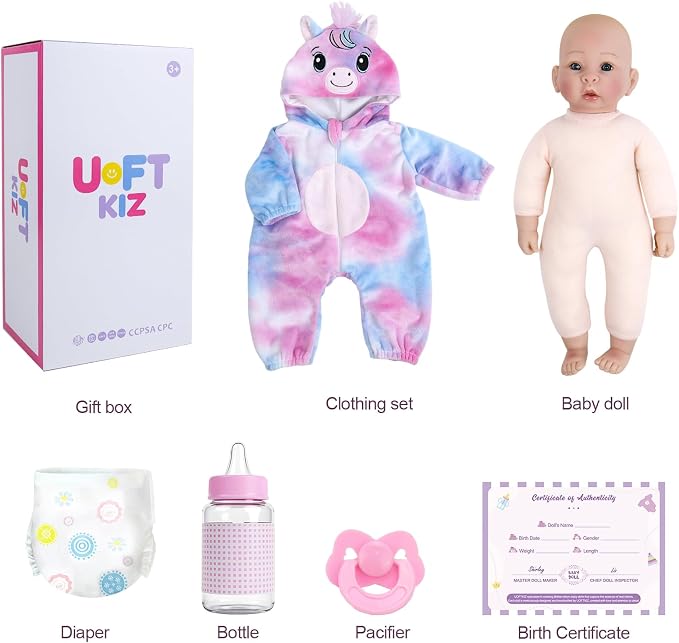 UOFTKIZ Real Life Baby Doll Girl - 17-inch Lifelike Girl Doll with Feeding Set, Soft Body with Cloth, Ideal Gift for Ages 3+, Grandparents