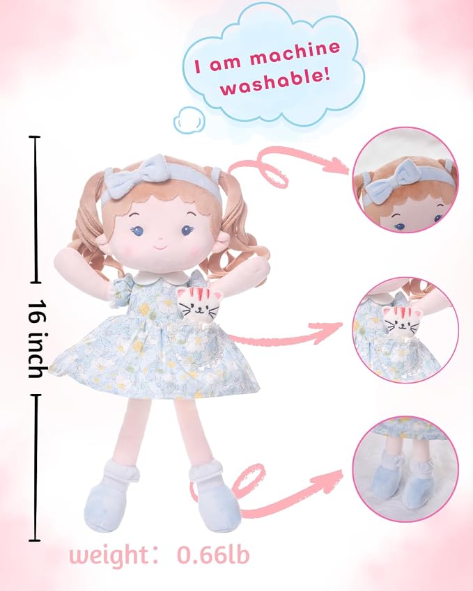 LeyaDoll Soft Baby Doll Toys (16''), My First Baby Rag Doll for 1 Year-Old Girl Birthday Gift, Christmas Plush Toys Gift for Toddler Kids Infants-Daydream Lily and Her Pet-Cat