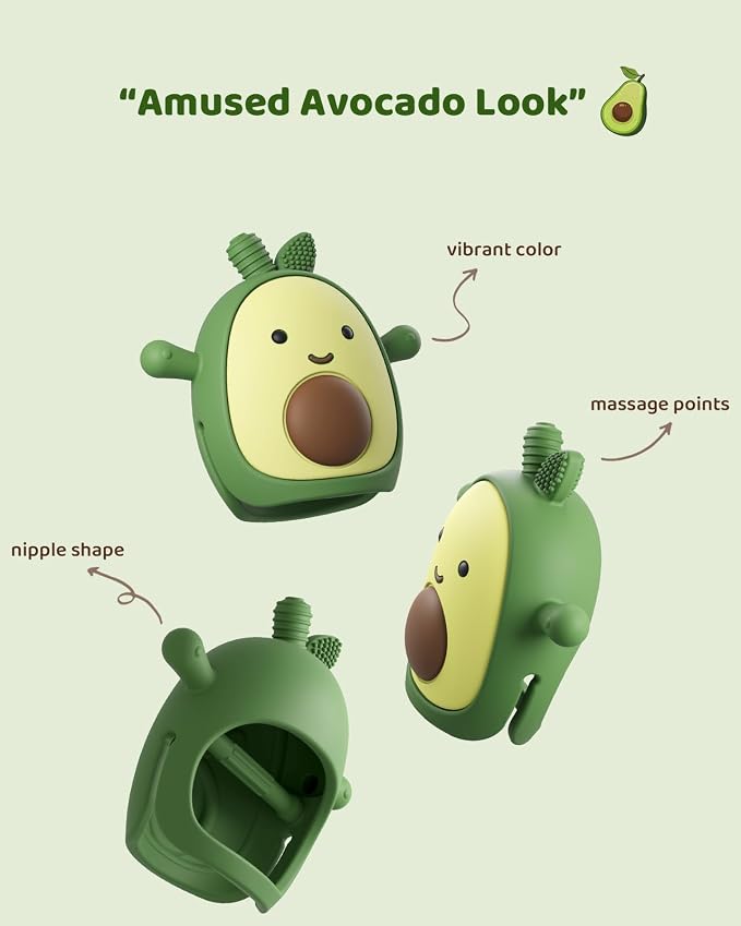 ChooKaChoo 2 Pack Baby Teething Toy Silicone Avocado Teething Mitten for Babies Over 3 Months Anti Dropping Wrist Hand Teethers Baby Chew Toys for Sucking Needs, BPA Free