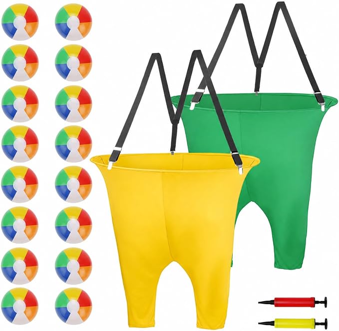 2 Pcs Granny Pants Yard Game with Suspenders, 16 Bouncy Balls & 2 Pumps - Hilarious Outdoor Party Game for Adults, Kids, Family Reunions & Field Days