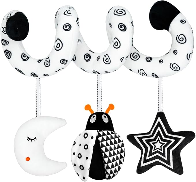 XIXILAND Car Seat Toys for Babies 0-6 Months Boys Girls, Black and White High Contrast Baby Toys 0-3 Months Carseat Toys Hanging, Stroller Newborn Infant Sensory Develpmental Toy for 0-18 Months