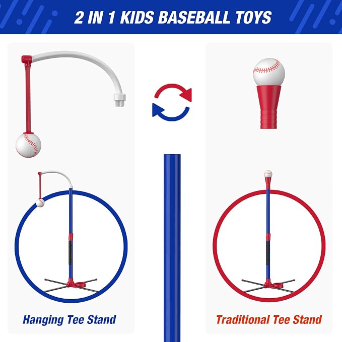 HYES 4 in 1 T Ball Sets for Kids 3-5 with Toss and Catch Ball Set, Hanging Tee Stand with Auto Pitching Machine/ 2 Bats, Indoor Outdoor Toys Birthday Baseball Gifts for Toddler Boys Girls, Blue
