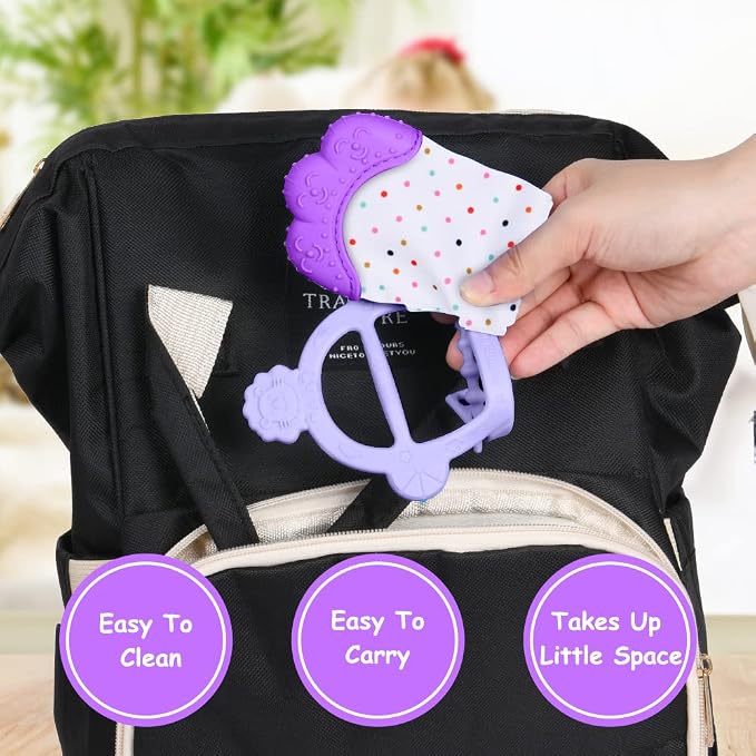 Vicloon Silicone Teething Mitt, 2Pcs Baby Teething Mitten with Adjustable Strap, Crinkle Sound and Textured, Self Soothing Baby Chew Toys for 0-6 Month Infants