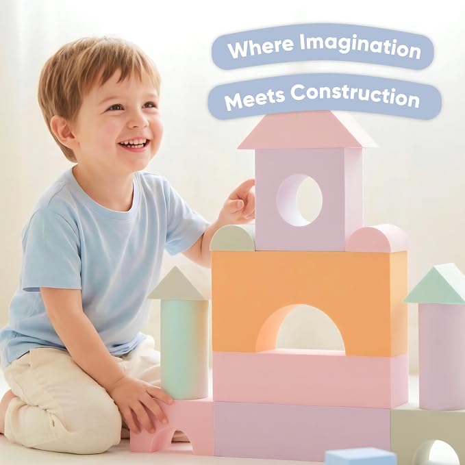 Set of 34 Jumbo Large Foam Blocks for Toddlers - Stacking Soft Blocks for Kids with Shapes & Colors Learning - Construction Building Preschool Toys - Giant Foam Bath Blocks for Toddlers 3-5 & above