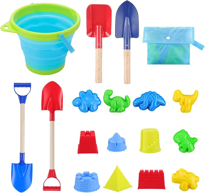 18 Pcs Beach Bucket Shovels Toys for Kids,Kids Collapsible Beach Sand Toys Sand Castle Sandbox with Long Shovel,Marine Life Castle,Sandbox with Bag for Boys Girls